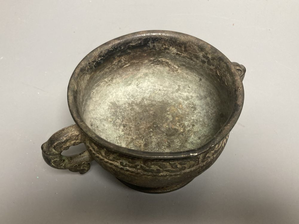 An 18th century Chinese archaistic bronze two handled censer, 16.5cm handle to handle